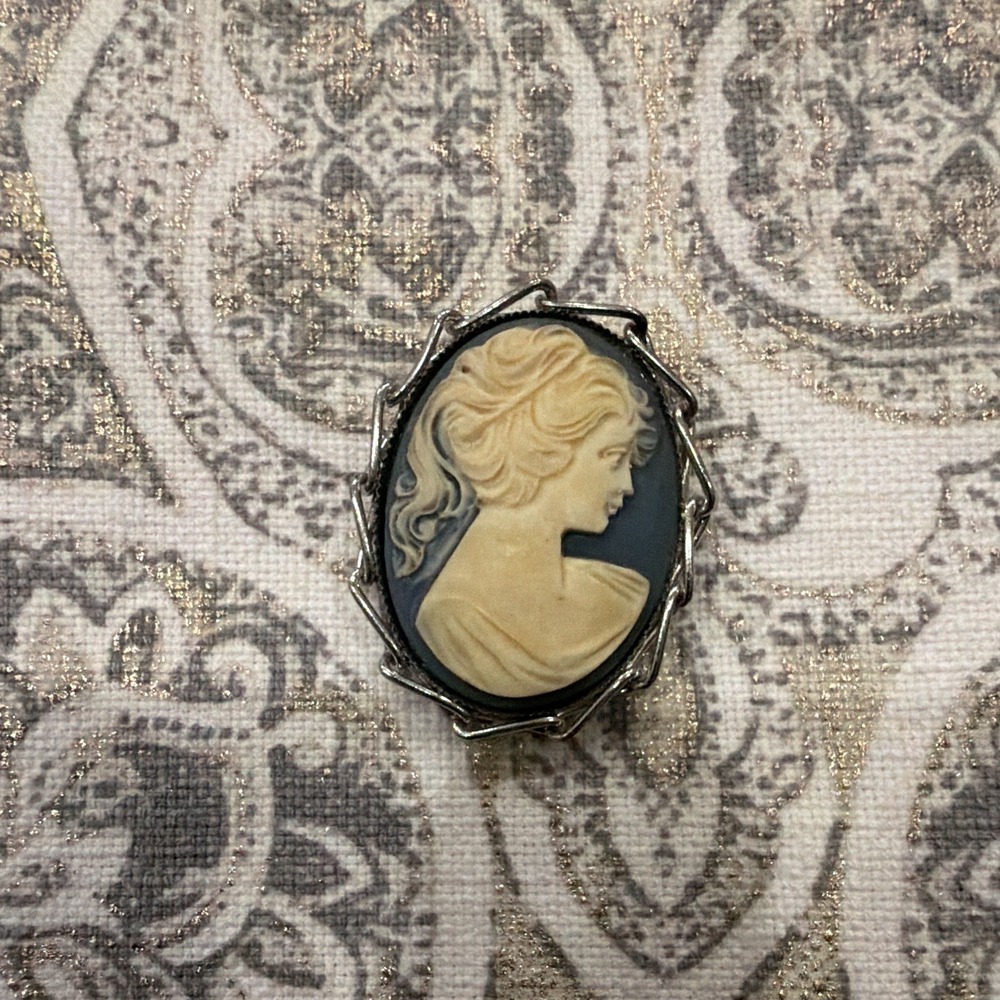 Oval Cameo Portrait Brooch Pin Silver Tone Metal Blue & Ivory